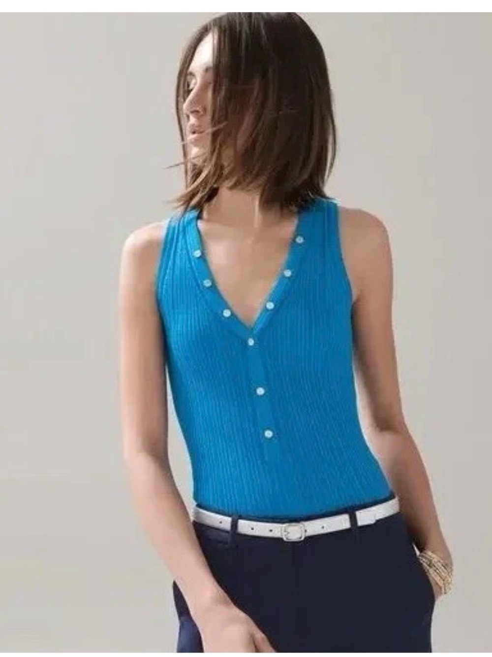 White House Black Market Bright Blue Ribbed V-Neck Sweater Tank w/Button Detail